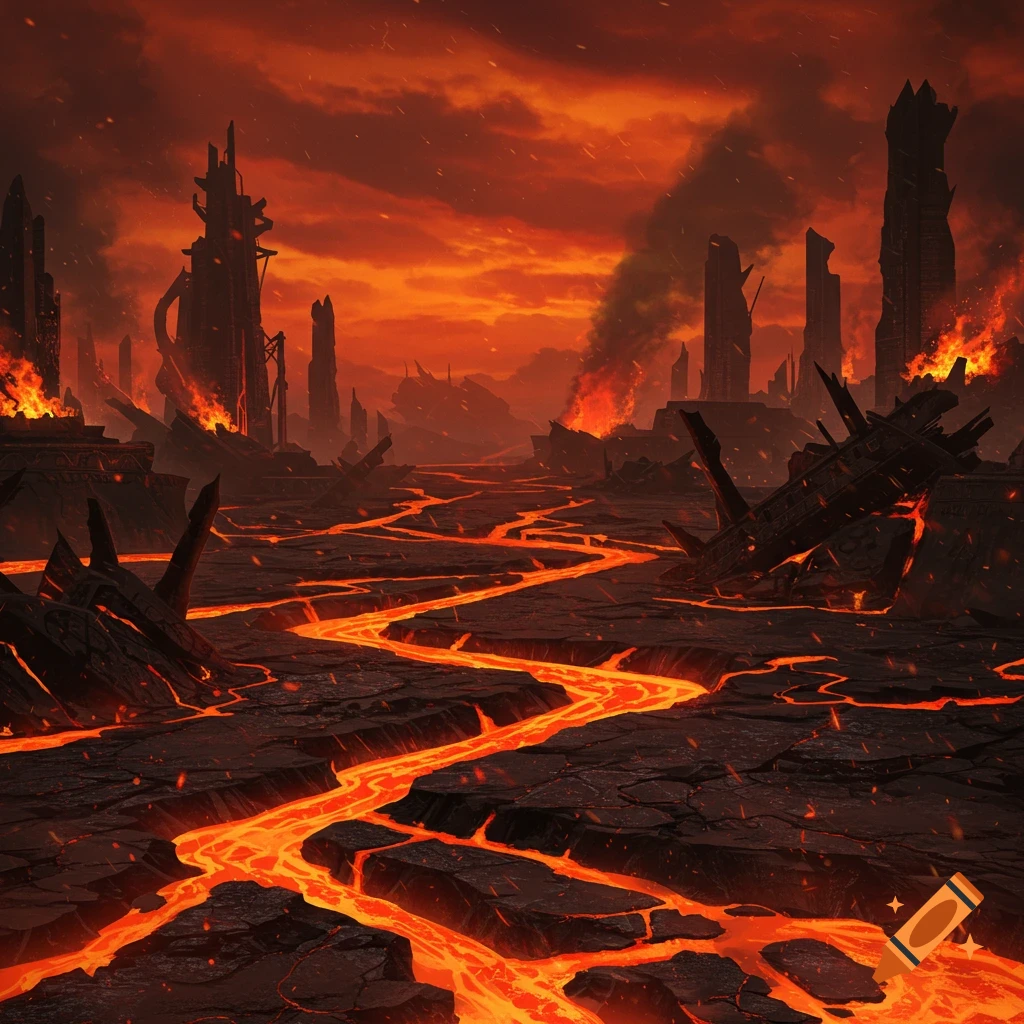 A dark fantasy image of a ruined, apocalyptic landscape with rivers of molten lava flowing through cracked earth under a fiery red sky.