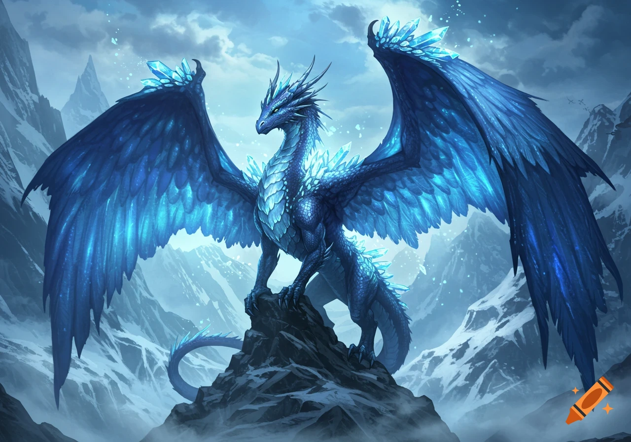A majestic blue ice dragon with glowing crystals on its back and wings stands on a snowy mountain peak with its wings spread.