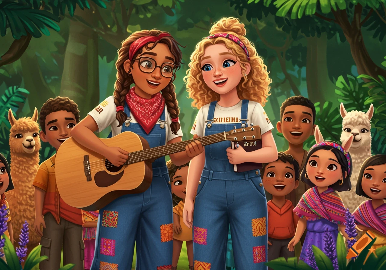 In a vibrant animation style, two young women, one playing guitar and another holding a book, sing with children and alpacas in a lush jungle.