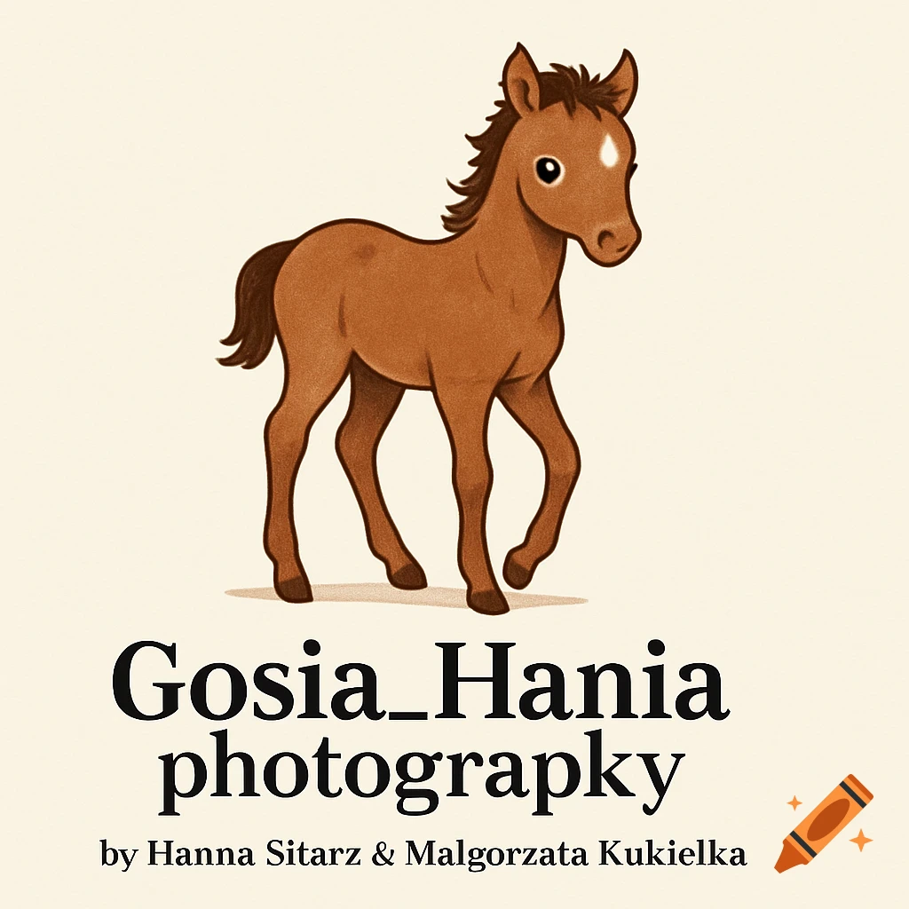 A cartoon illustration of a brown foal standing above text that reads Gosia_Hania photograpy by Hanna Sitarz & Małgorzata Kukiełka.