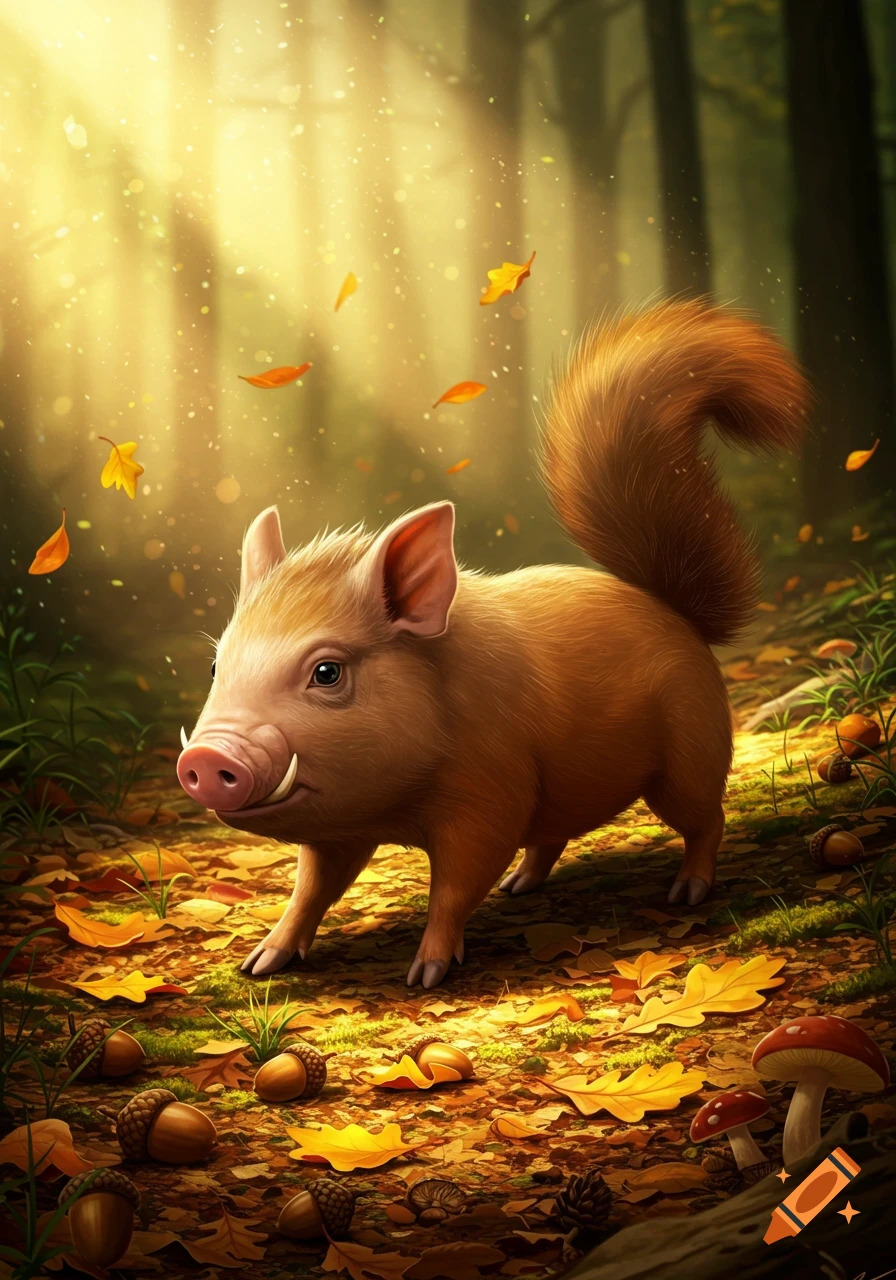 An illustrated squirrel-pig hybrid stands in an autumn forest with falling leaves and acorns.