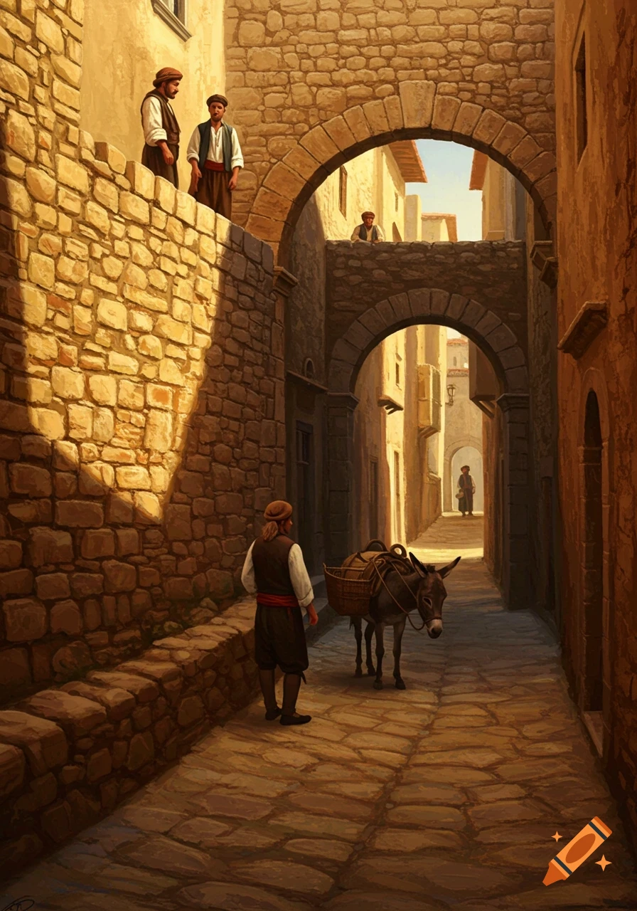 A man leads a donkey through a sunlit, narrow stone alleyway in a Mediterranean village, with other villagers on higher levels.
