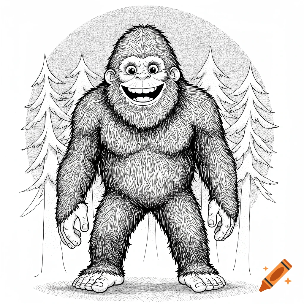 Black and white line art illustration of a smiling Bigfoot standing in a forest clearing.