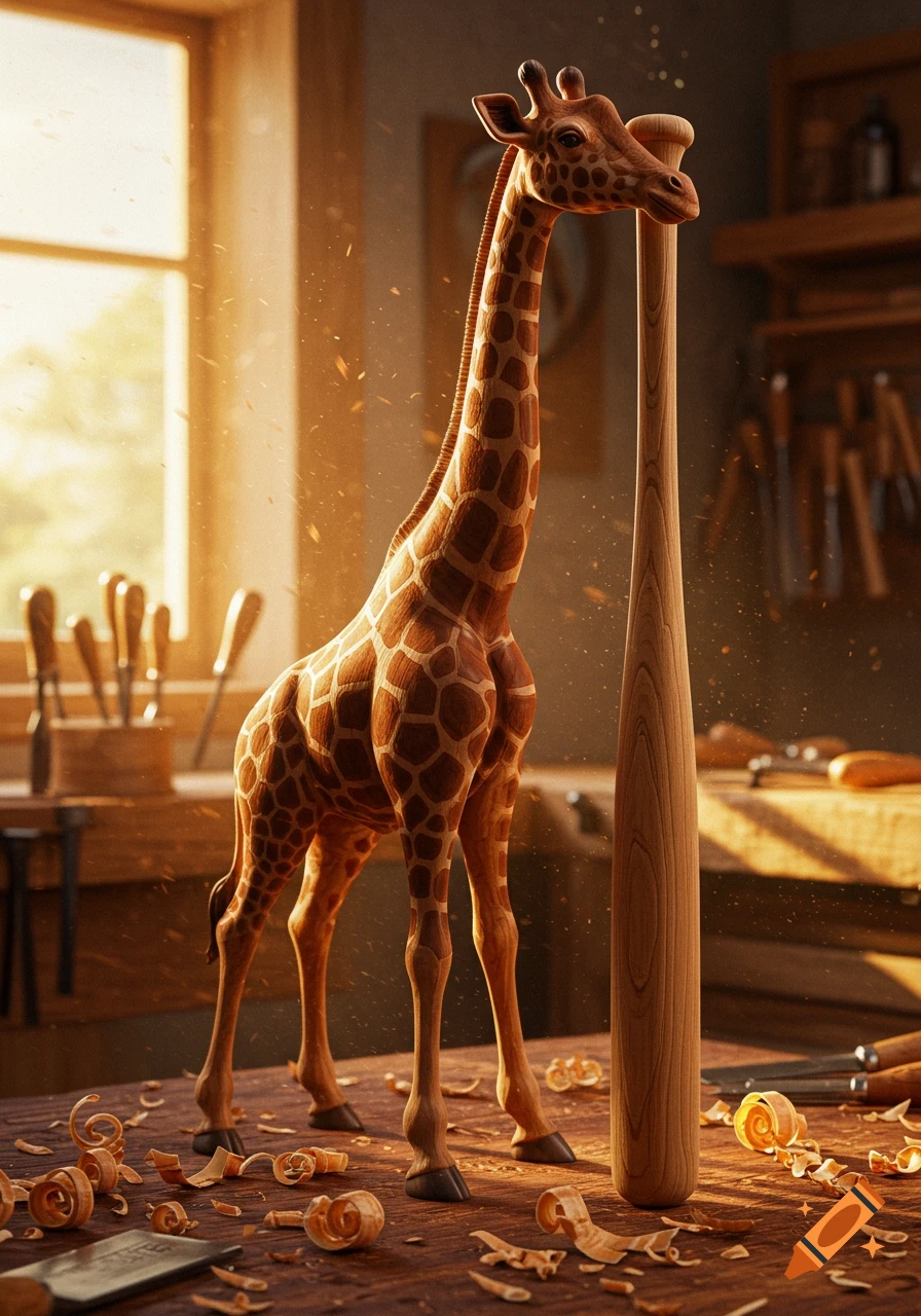 A wooden giraffe sculpture stands next to a tall wooden bat in a sunlit woodworking shop, surrounded by wood shavings.