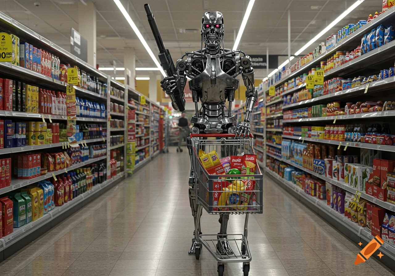 A photorealistic image of a Terminator robot pushing a shopping cart full of groceries down a supermarket aisle, holding a rifle.