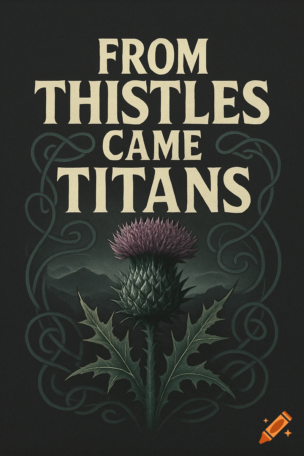 A graphic design with the text 'FROM THISTLES CAME TITANS' above a stylized purple thistle and dark hills.