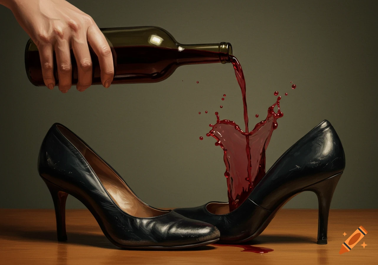 A hand pours red wine from a bottle into a black high-heeled pump, splashing liquid onto a wooden table next to another shoe. Photorealistic style.