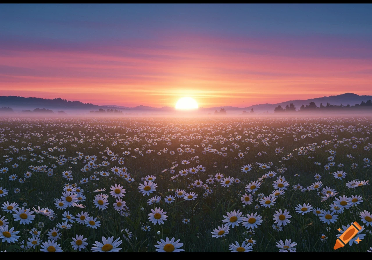 A field of white daisies under a vibrant pink and orange sunset sky with a large sun on the horizon and misty mountains in the background.