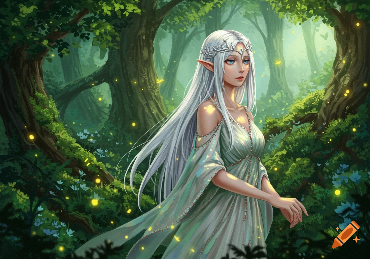 A white-haired anime elf woman with pointed ears and a circlet, wearing a flowing dress, stands in a magical forest with glowing fireflies.
