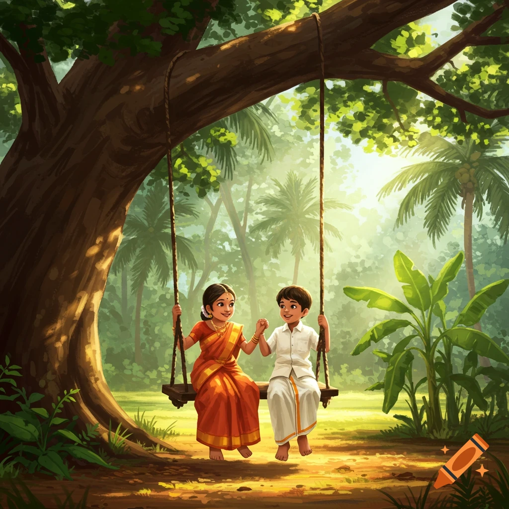Two children in traditional Kerala attire sit on a swing under a large tree in a lush, sunlit jungle. Illustrated style.