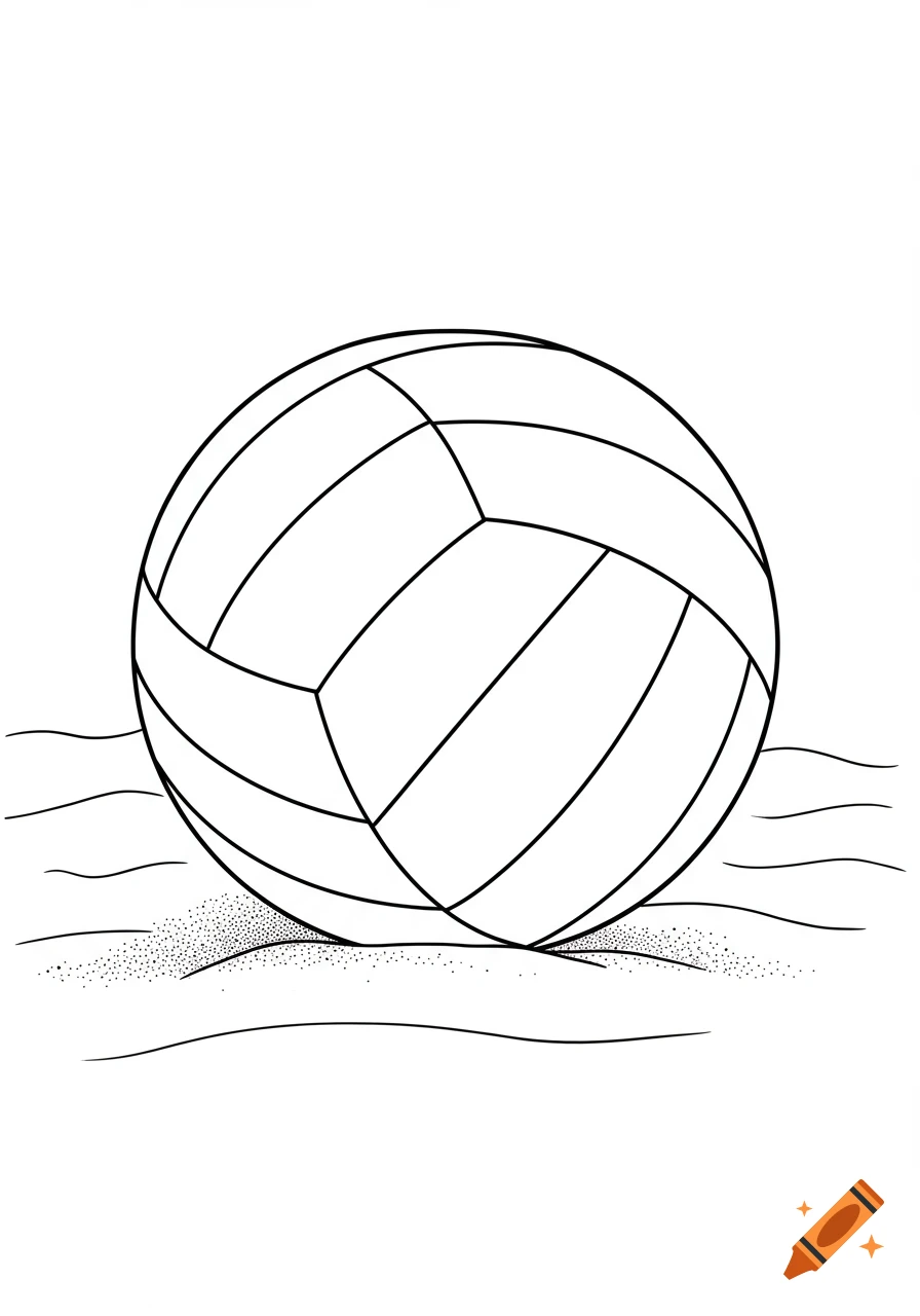 A black and white line art coloring page of a volleyball resting on sand.