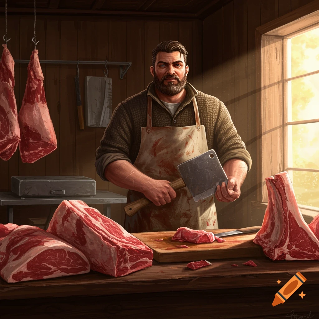 A bearded butcher, wearing an apron, holds a meat cleaver in a rustic butcher shop with cuts of raw meat.