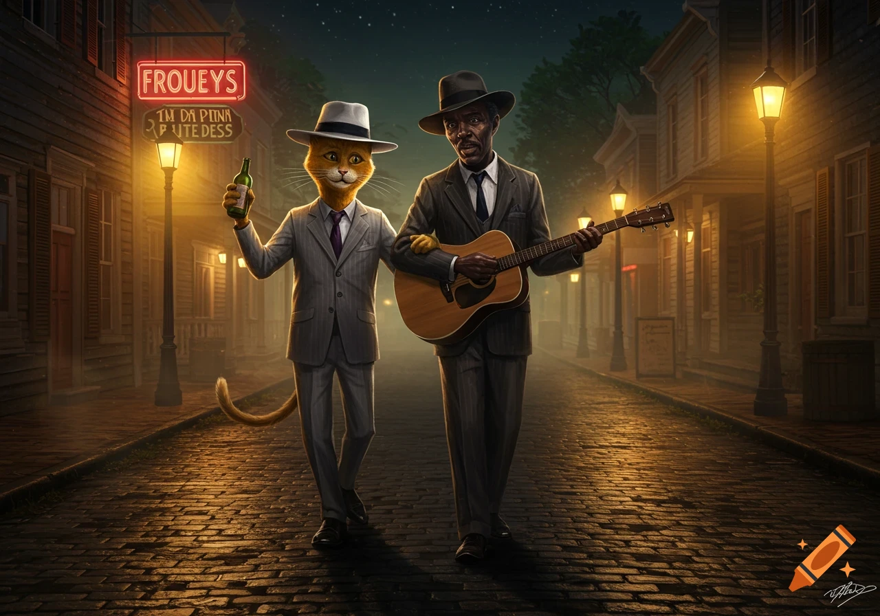 An anthropomorphic ginger cat in a suit and a man in a suit carrying a guitar walk down a cobbled street at night under lamplit buildings.