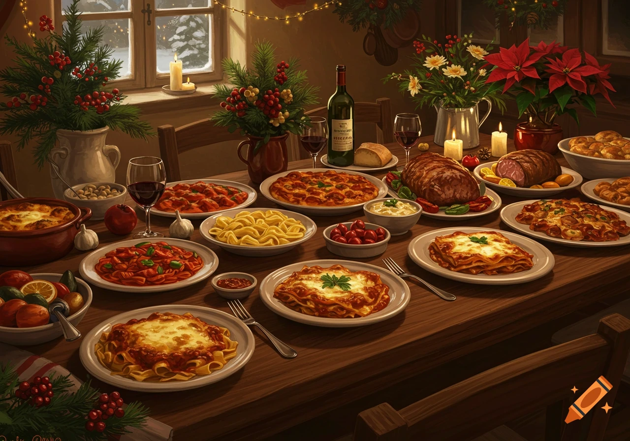 A lavish Christmas dinner feast laid out on a wooden table, featuring various Italian dishes, wine bottles, and festive holiday decorations next to a snowy window.