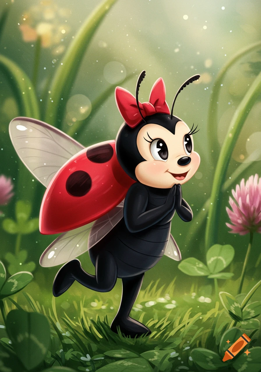 A cute cartoon ladybug with a red bow, red spotted shell, and black body, standing in a green field with flowers, in 1940s Disney style.
