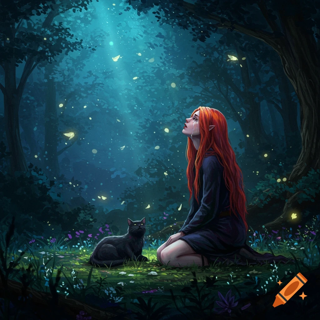 An elf-like woman with long red hair kneels crying in a mystical forest, looking up at glowing specks while a black cat sits beside her.