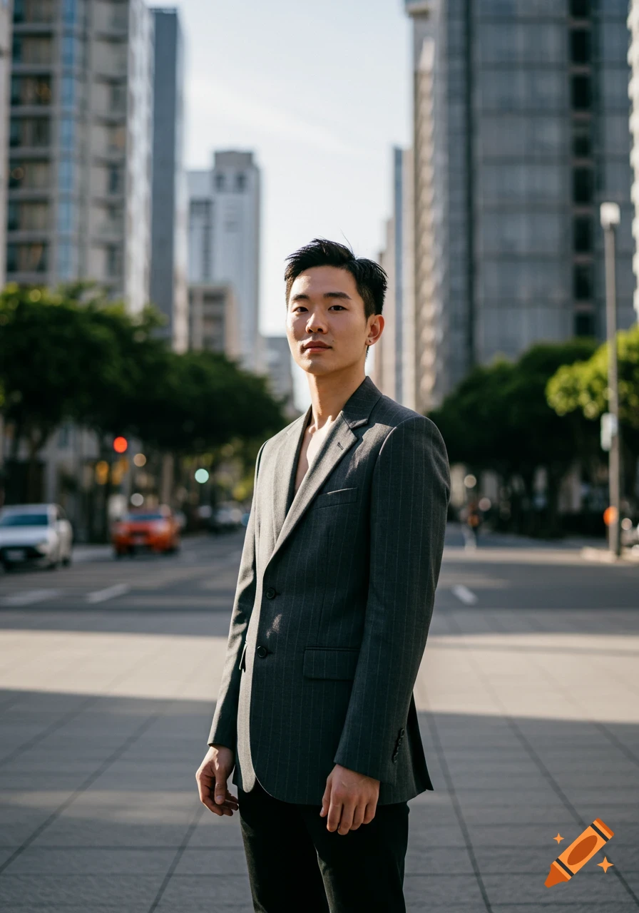 A young man in a grey pinstripe suit jacket stands on a city sidewalk with buildings and a street in the background.