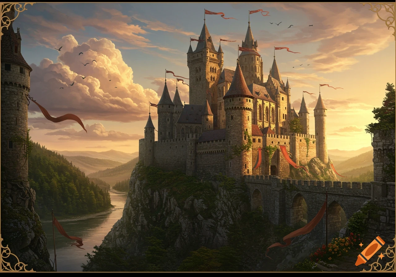 A majestic medieval castle with red banners sits on a cliff overlooking a winding river valley, bathed in the golden light of sunset.