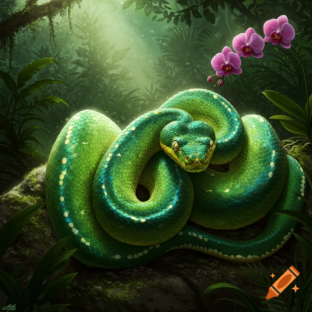 A vibrant green snake coiled on a branch in a lush, sunlit jungle, with pink orchids overhead.