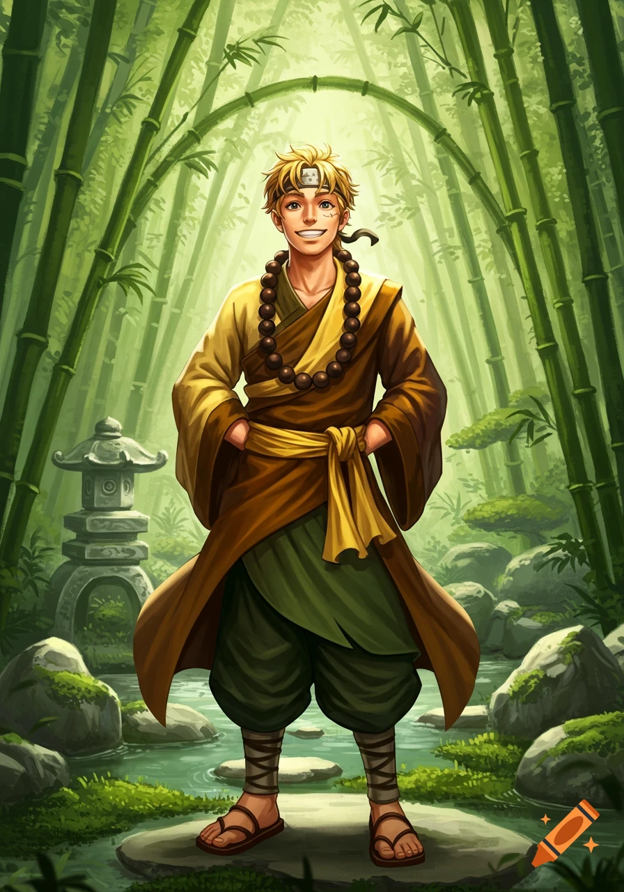 A blonde-haired human monk in robes stands smiling in a vibrant bamboo forest with a stone lantern and stream in an anime art style.