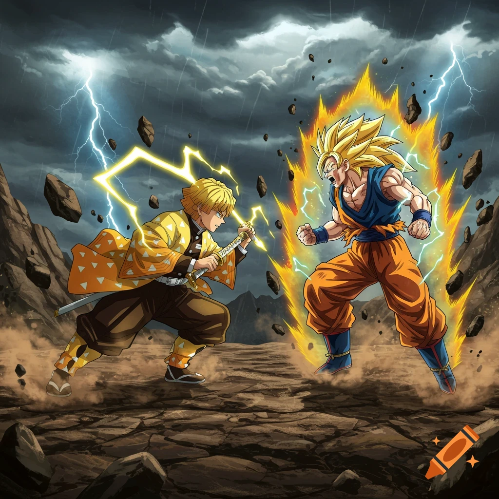 Anime battle with Zenitsu from Demon Slayer and Super Saiyan 3 Goku from Dragon Ball in a stormy, rocky landscape.