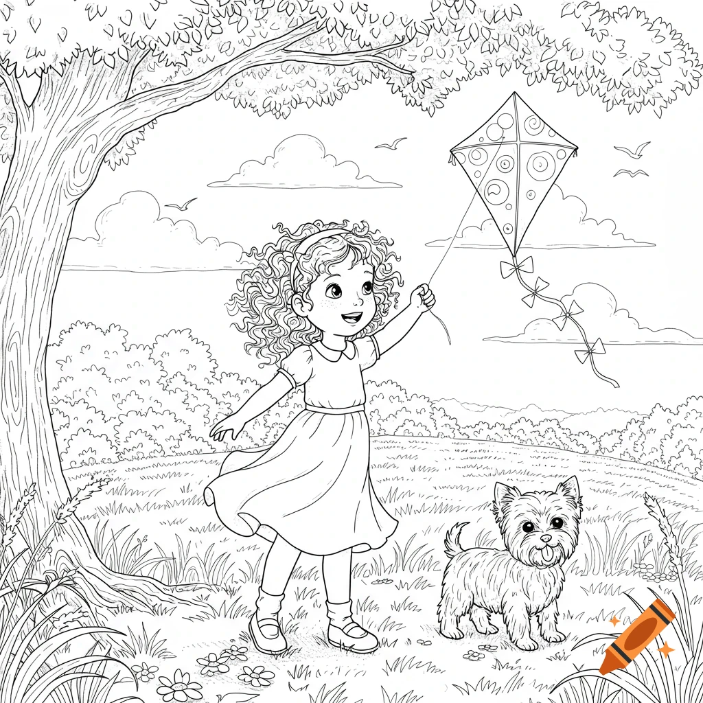 A black-and-white coloring page showing a young girl flying a kite next to a Yorkie dog in a grassy field with a tree and clouds.