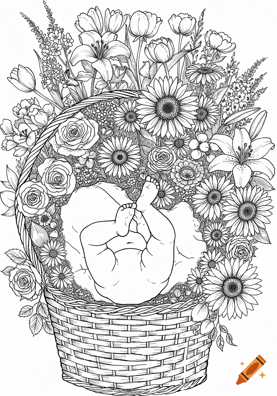 A black and white line drawing of a baby with feet in the air, lying in a basket overflowing with various flowers like roses, tulips, daisies, sunflowers, and lilies.