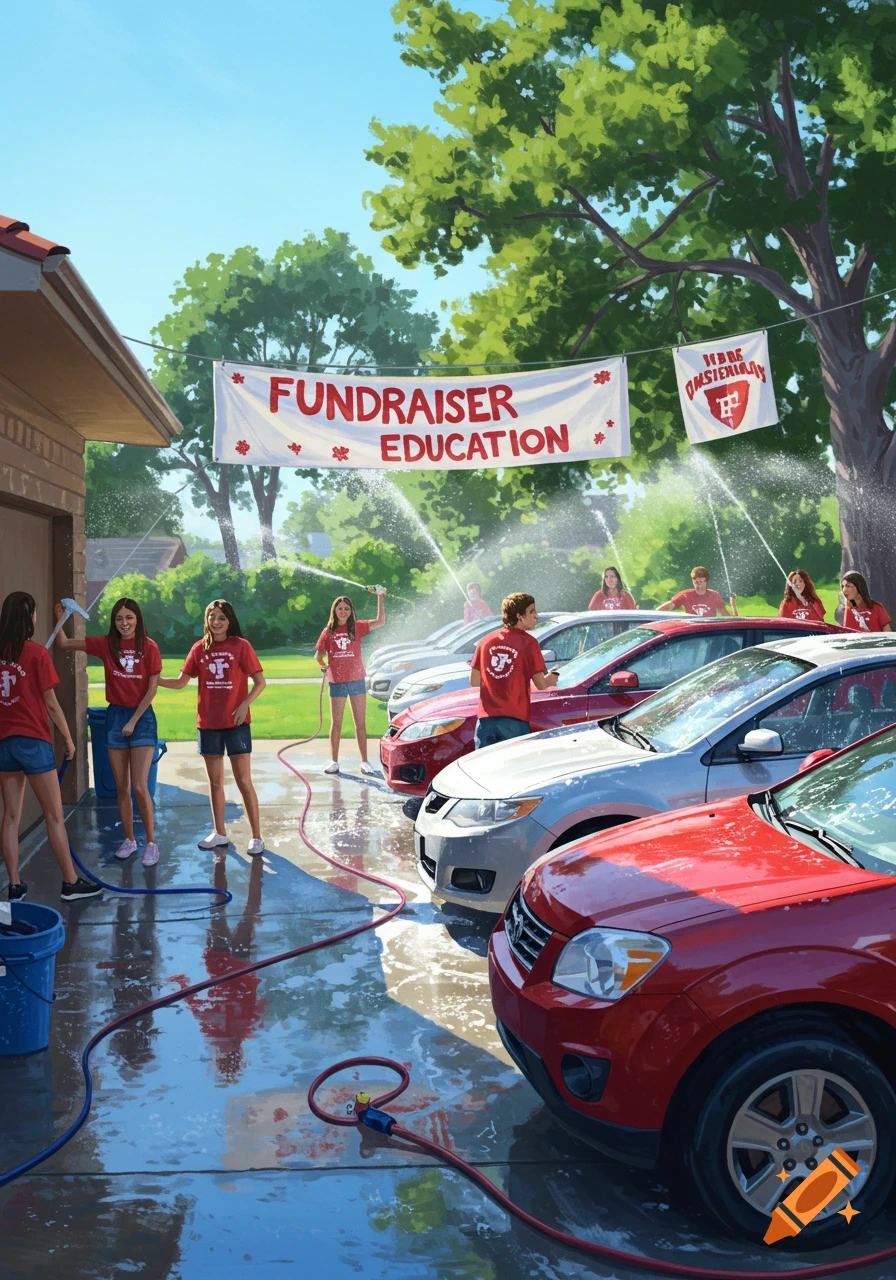 A group of teenagers and young adults washing cars at an outdoor fundraiser. Banners read "FUNDRAISER EDUCATION" and "KARE OMSIENIAY". The scene is bright and sunny with water spraying.