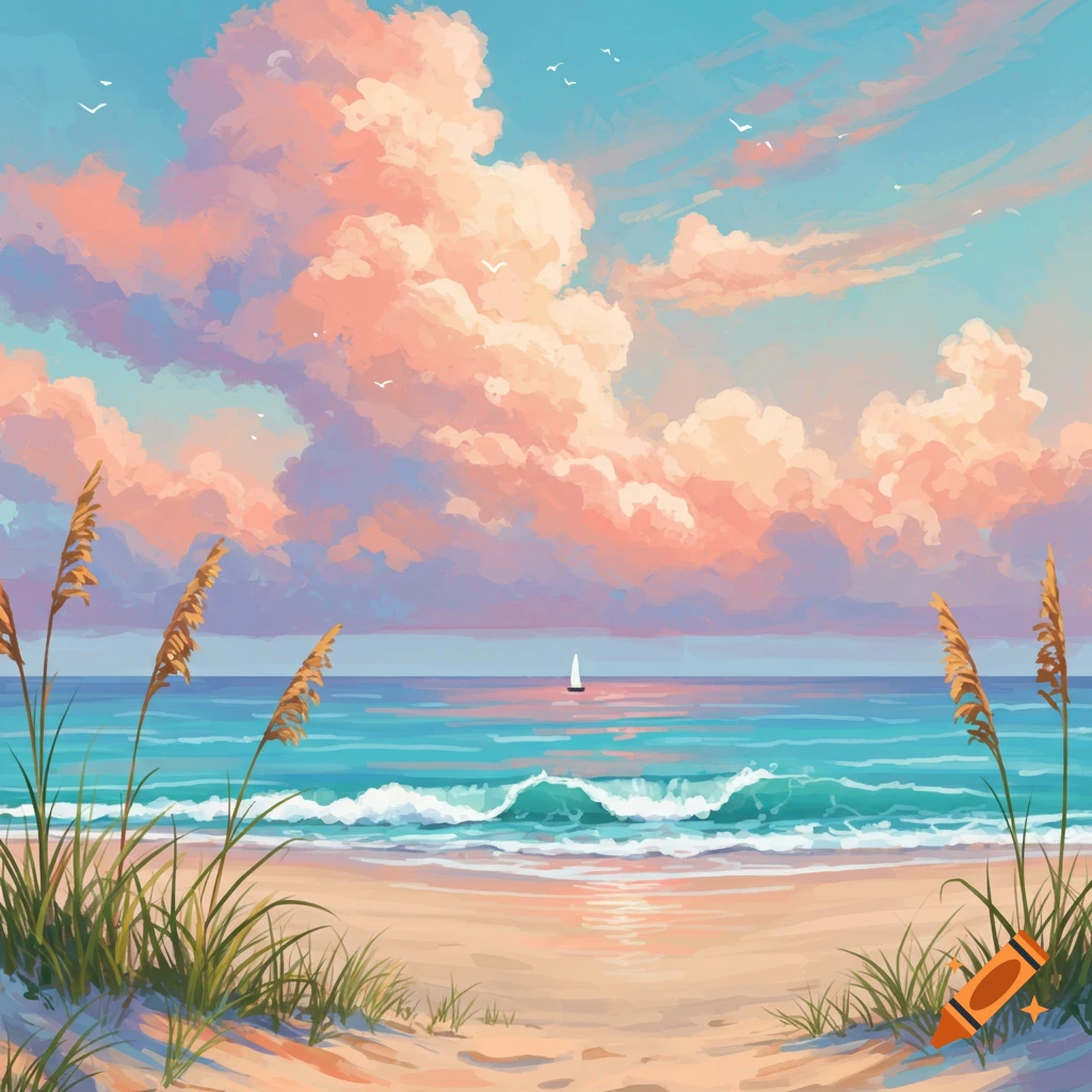 A stylized painting of a serene beach scene with large pink and orange clouds over a blue ocean with a sailboat.