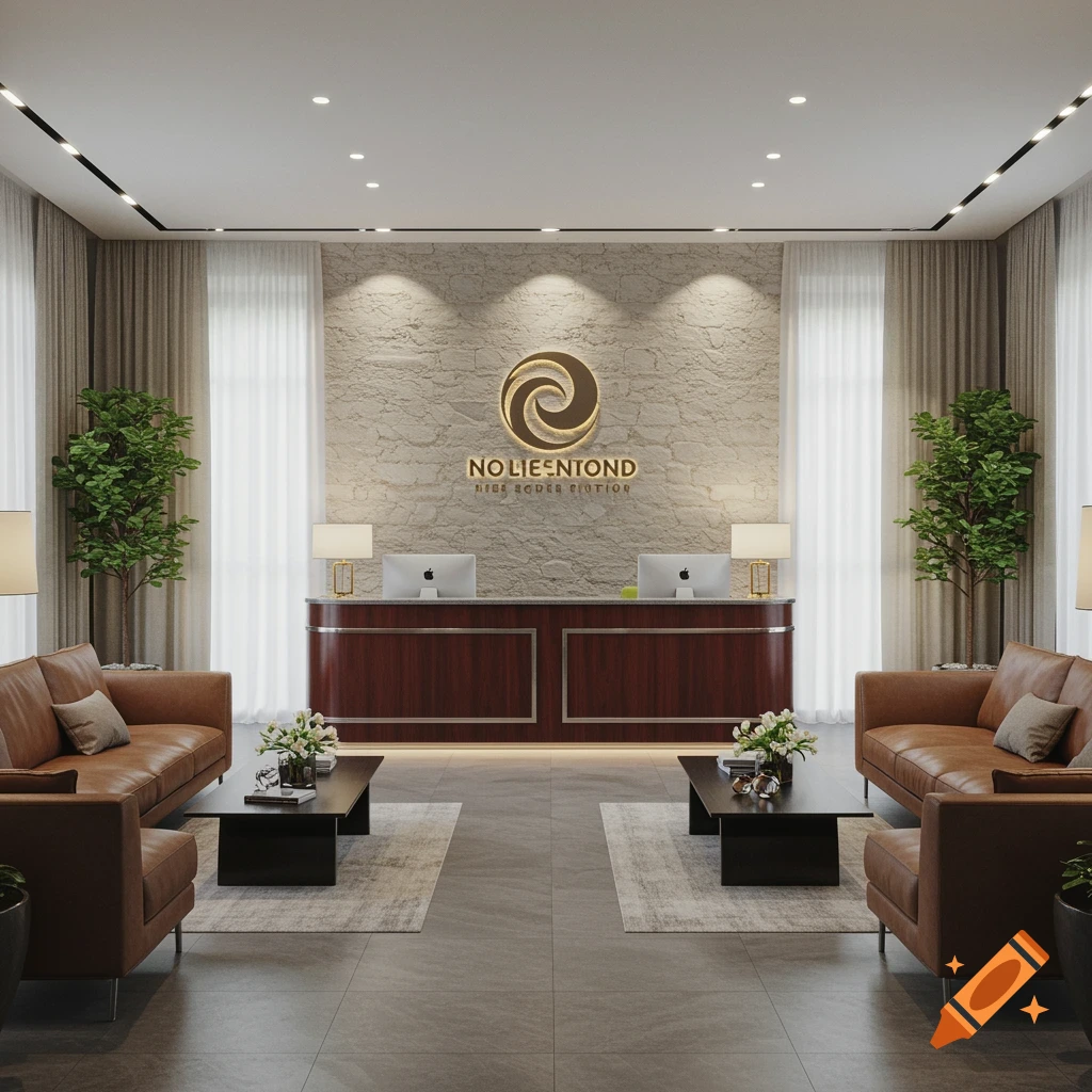 A photorealistic image of a modern, professional reception area with a dark wood desk, brown leather sofas, potted plants, and a stone wall with a golden logo.