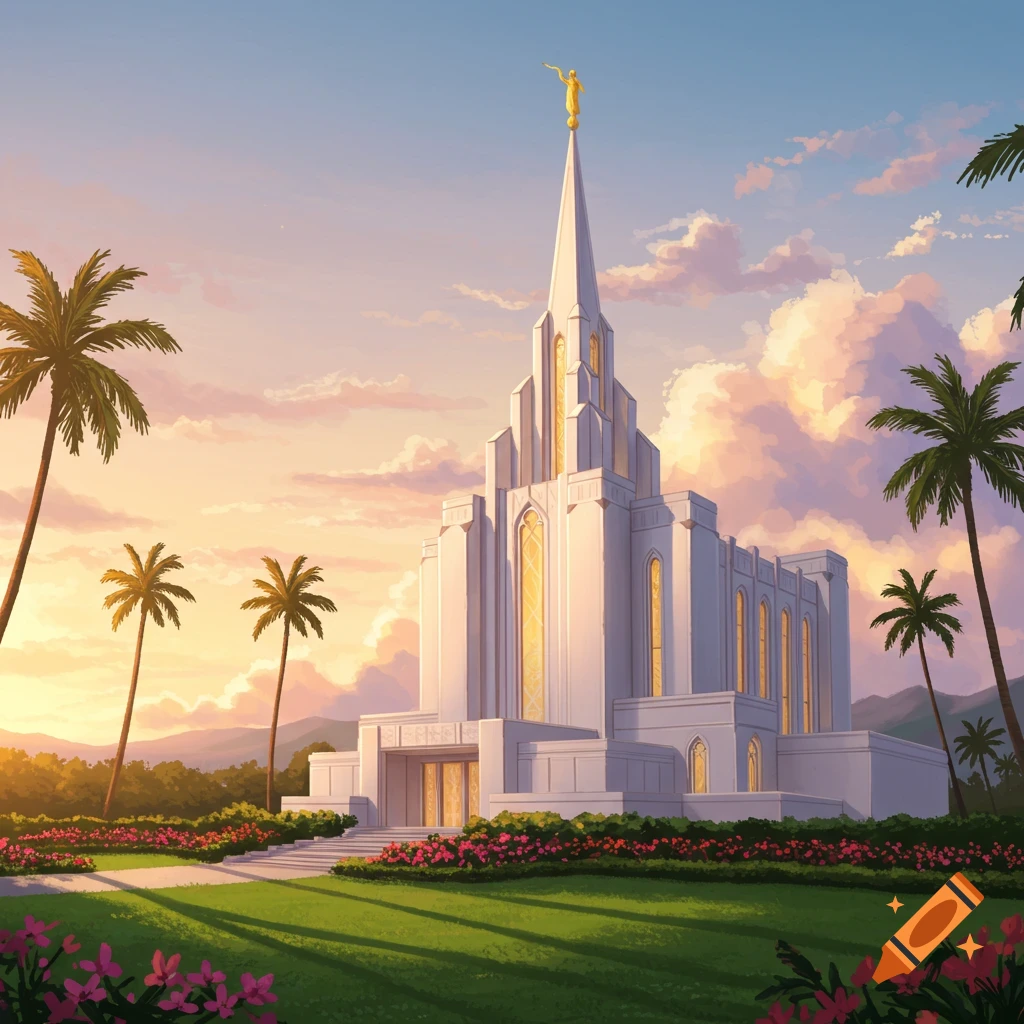 A stylized digital art image of a white temple with a golden spire surrounded by palm trees and flowers under a vibrant sunset sky.