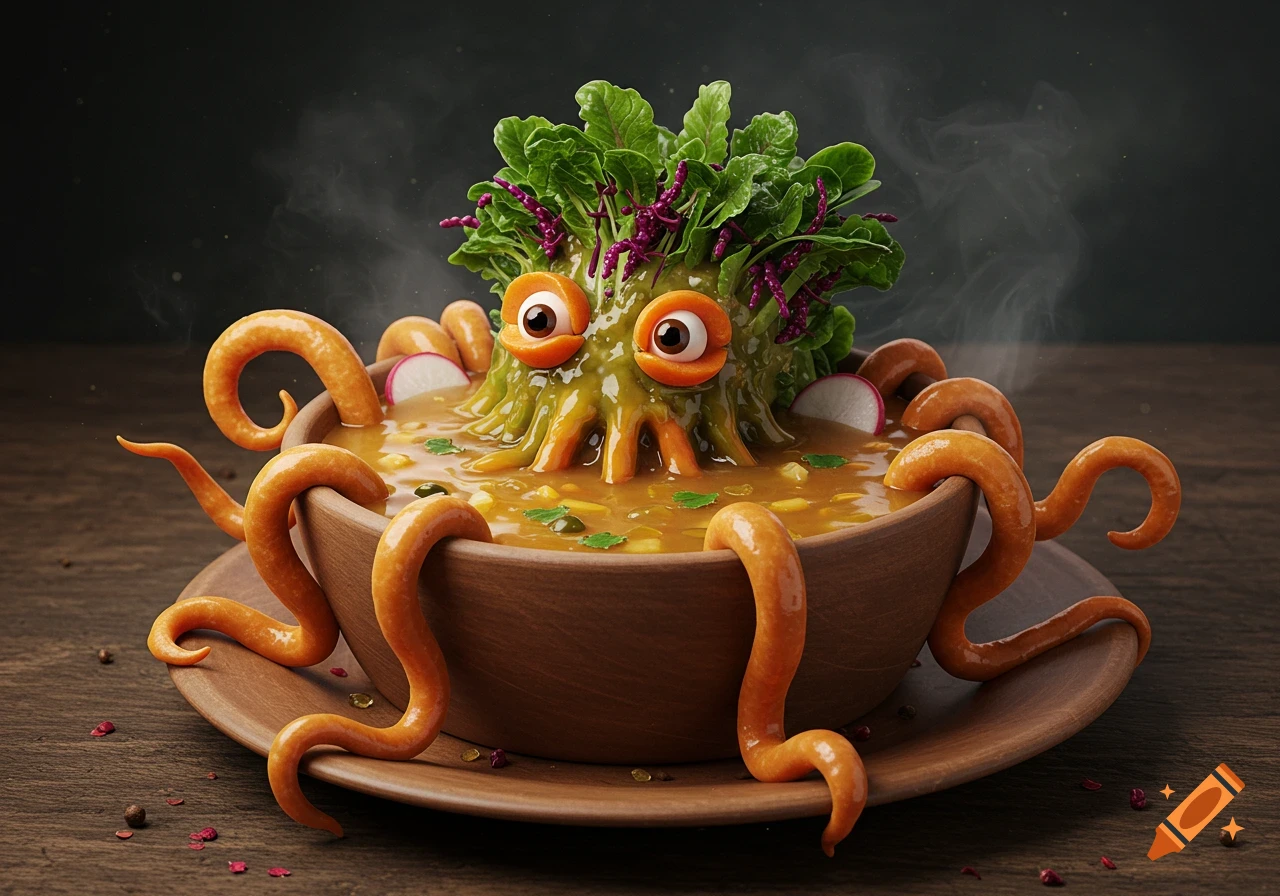 A photorealistic, whimsical soup monster with vegetable hair and sausage tentacles in a wooden bowl.