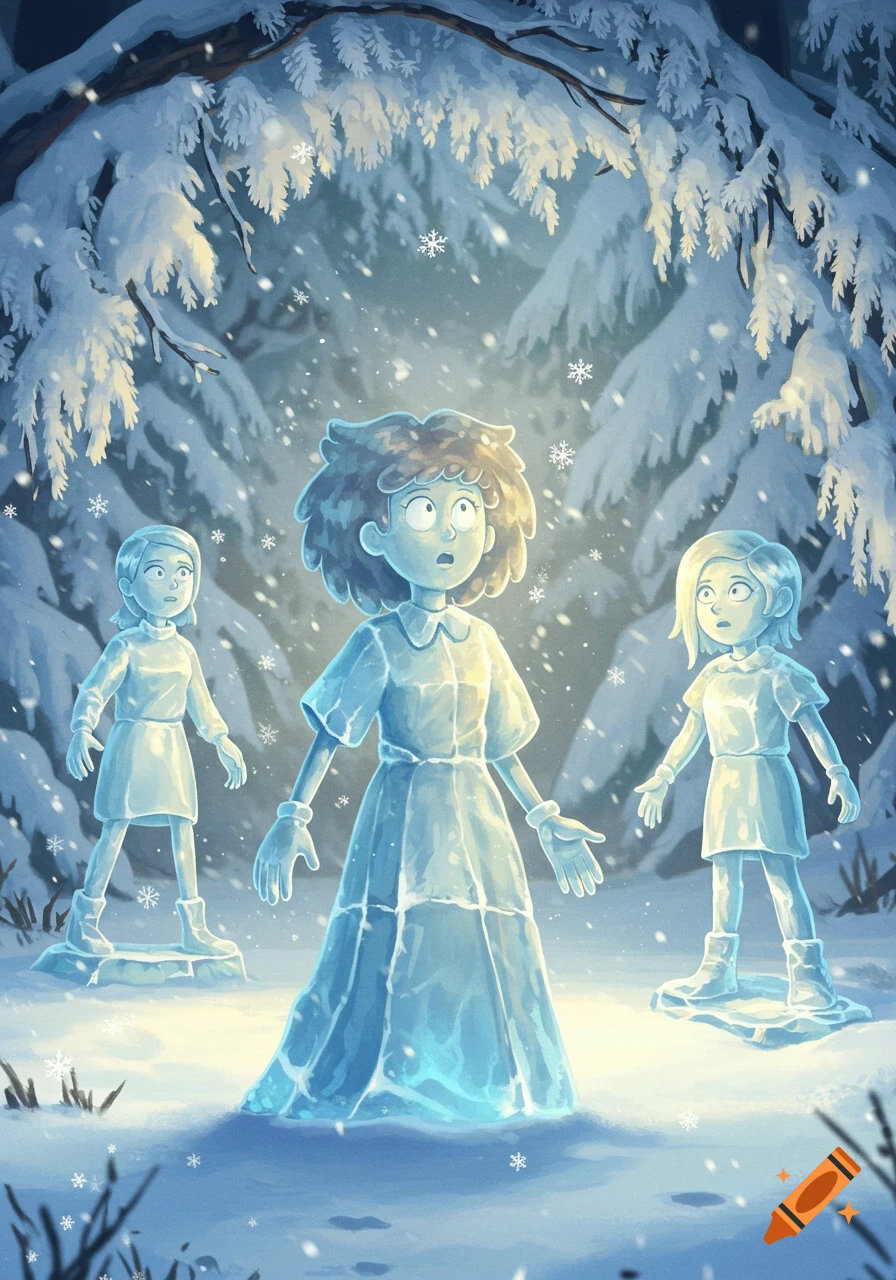 Three cartoon characters depicted as surprised ice statues in a snowy forest during snowfall, in an animated style.
