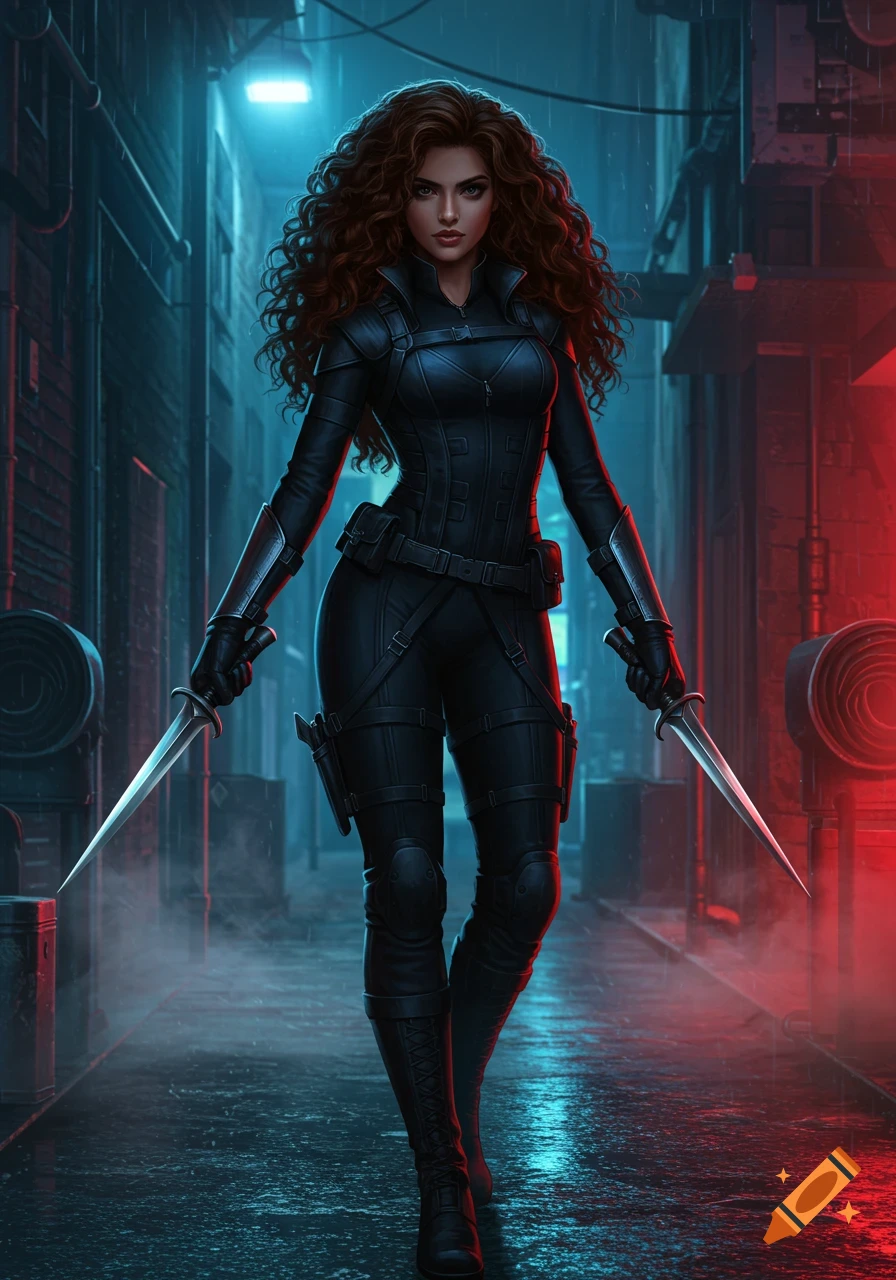 A female assassin with curly brown hair in a black tactical suit holds two daggers in a rain-slicked neon-lit alley.