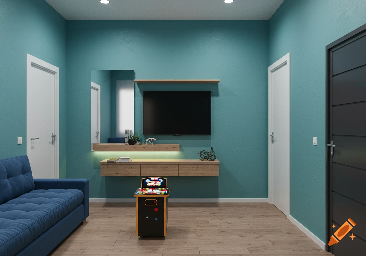A teal entryway with a wall-mounted TV, a floating wooden console, a blue couch, and a mini arcade machine on a wooden floor.