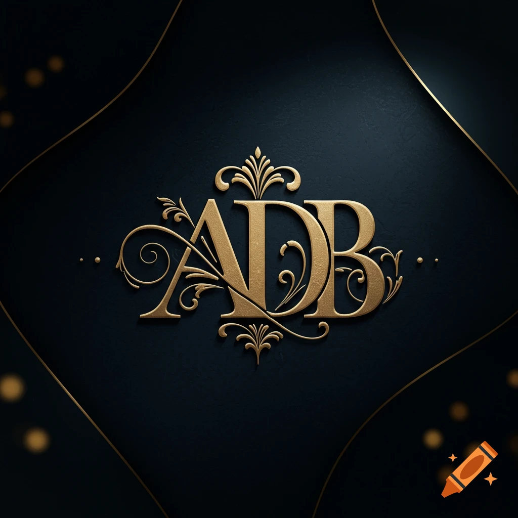 Ornate golden monogram ADB on a dark blue background with decorative swirls and golden highlights.