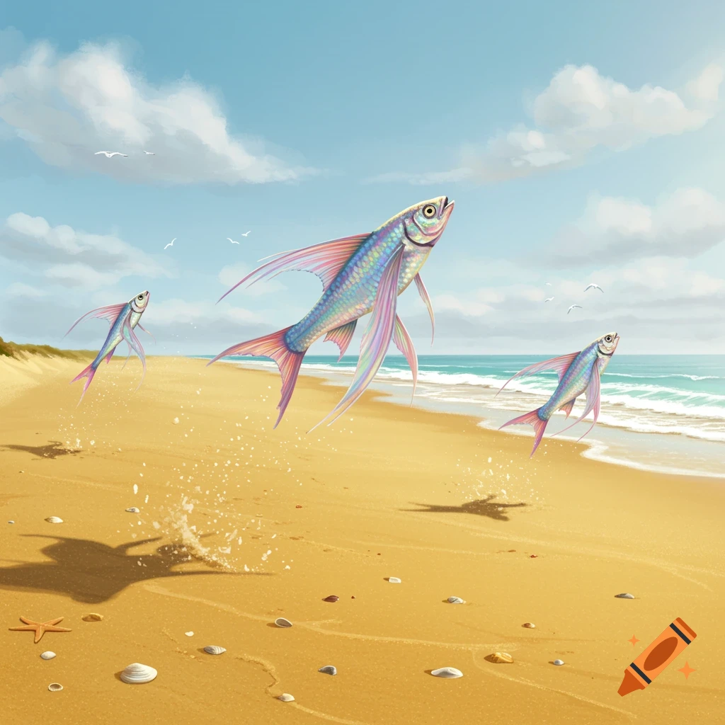 Three colorful flying fish with large fins leap from the ocean onto a sandy beach with shells and a starfish under a blue sky.