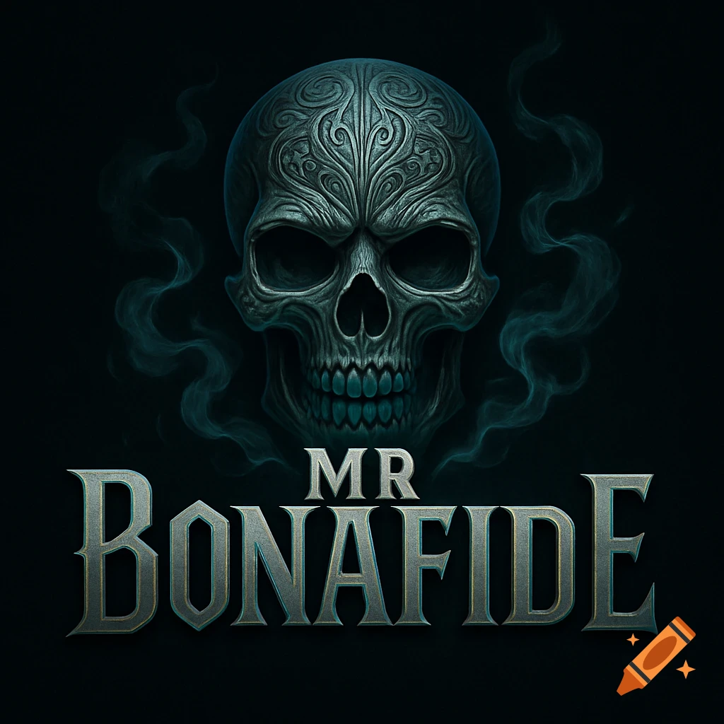 A stylized dark grey skull with ornate patterns and teal smoke above metallic gothic text 'MR BONAFIDE' on a black background.