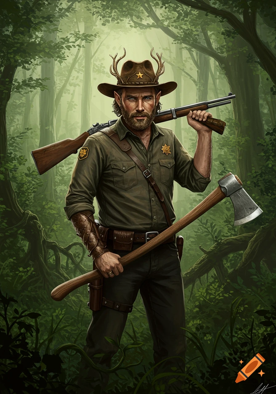 A bearded wood elf character in a sheriff's hat with antlers, holding an axe and a rifle, stands in a forest.