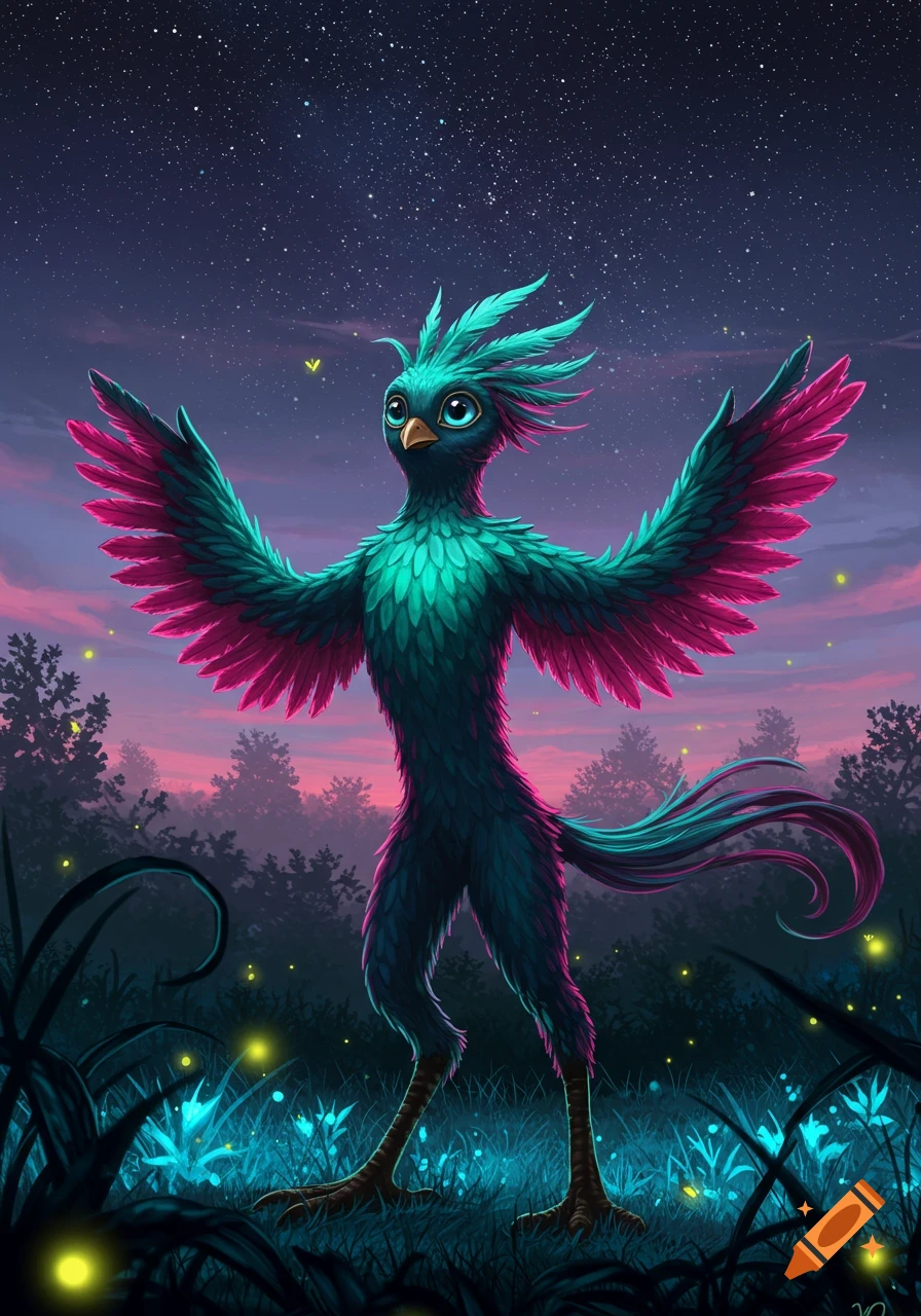 A teal and pink feathered bipedal creature with large curious eyes stands in a magical forest under a starry sky with glowing plants.