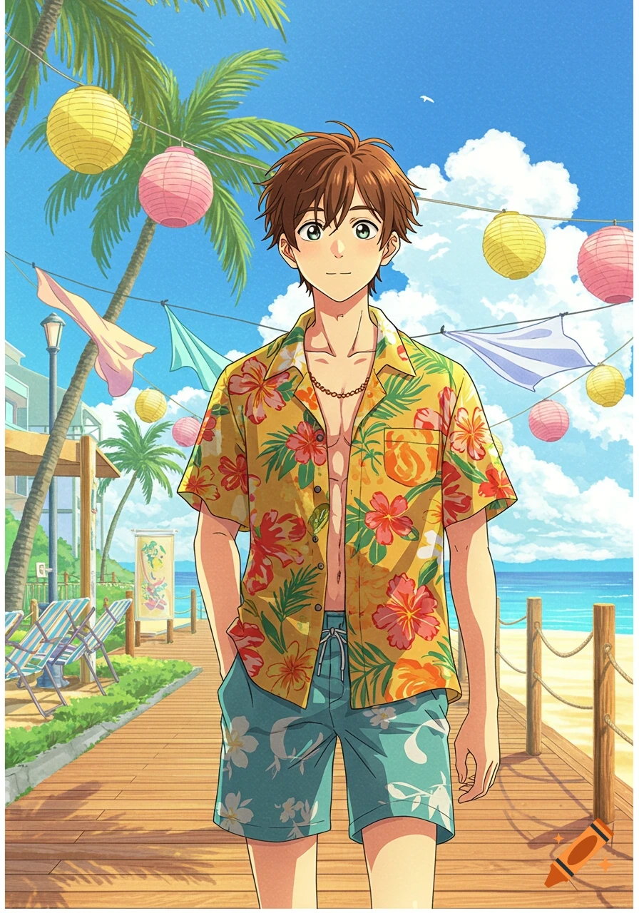 An anime young man in a Hawaiian shirt and shorts stands on a boardwalk at a sunny tropical beach with palm trees.