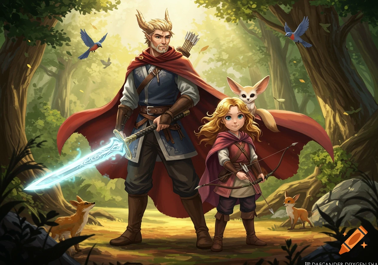 A fantasy illustration of a horned man with a glowing sword and a girl with a bow and fennec fox, standing in a sunlit forest with other small animals and birds.