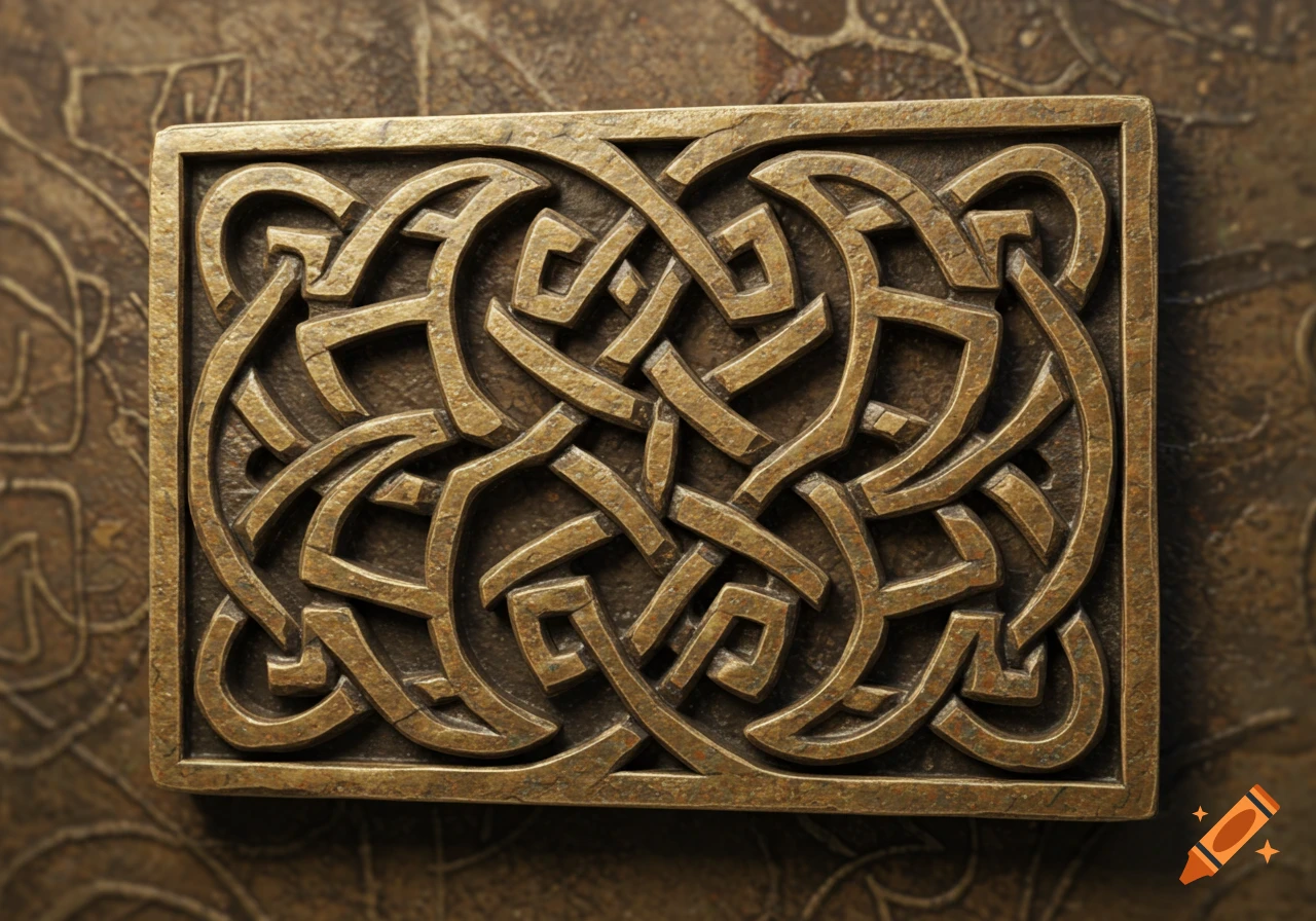 A rectangular, bronze-colored plaque featuring an intricate, raised Celtic knot design on a darker textured background.