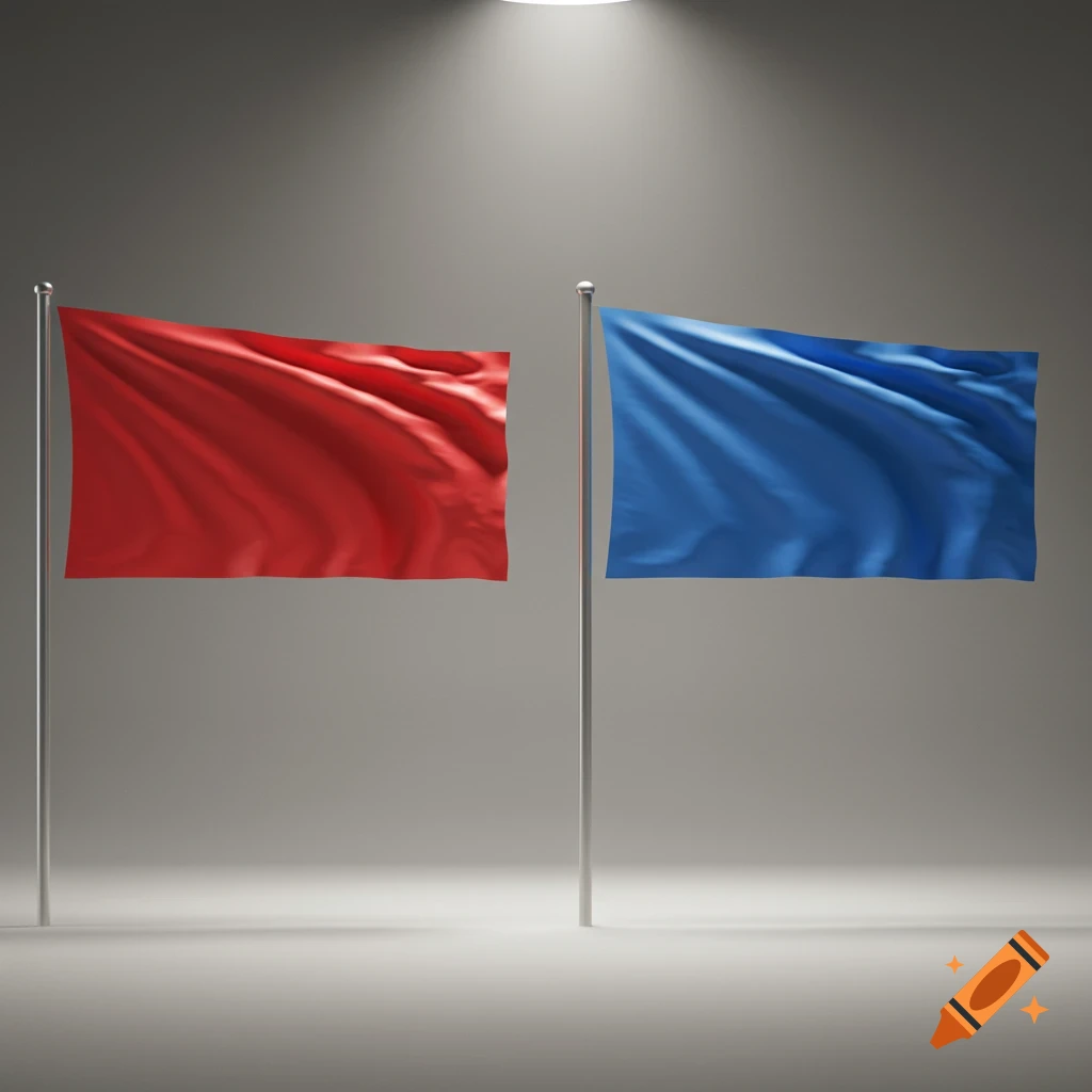 Two plain flags, one red and one blue, on silver flagpoles, lit by a spotlight in a grey studio setting.