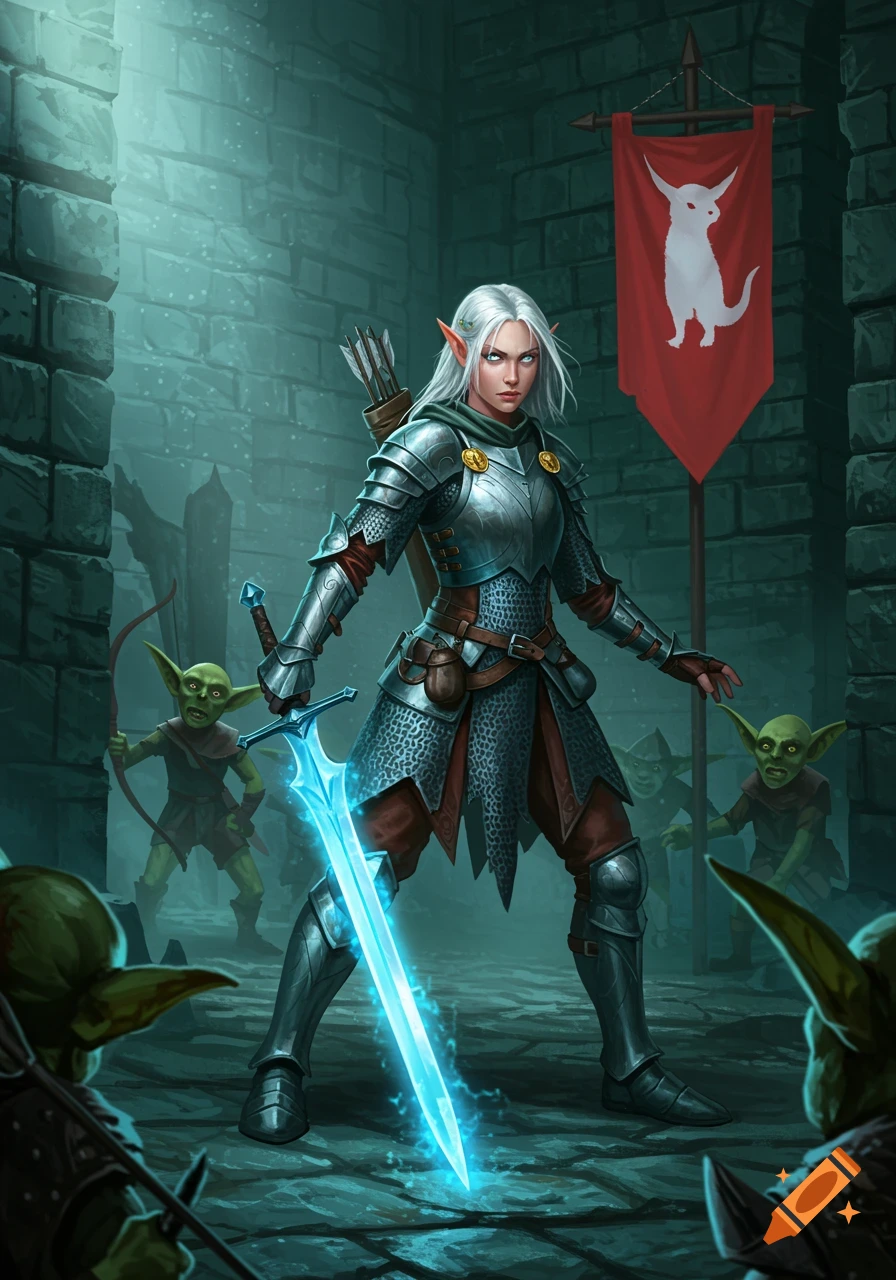 A white-haired elven warrior in chainmail armor wields a glowing blue sword against goblins in a dark dungeon, with a red banner.