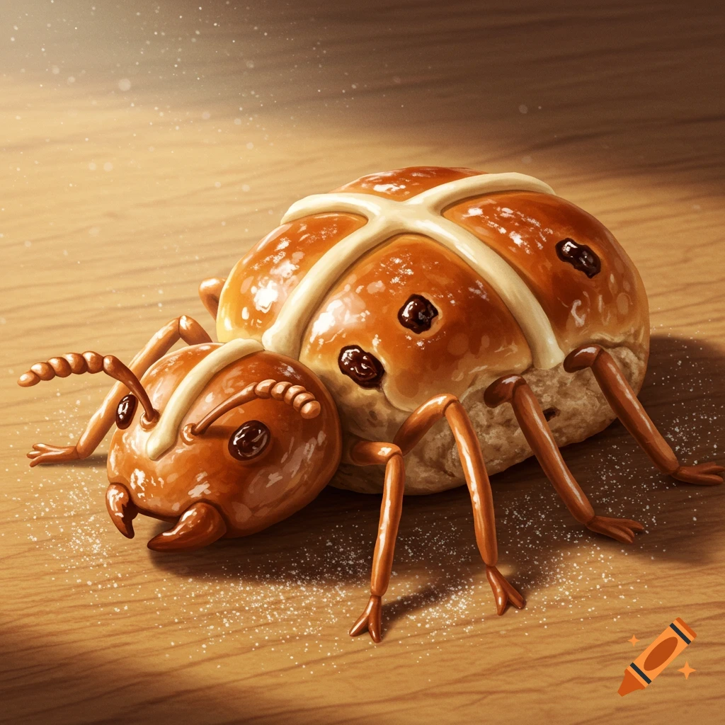 A photorealistic image of an ant-like creature made from a hot cross bun, complete with icing cross and raisins, on a wooden table with scattered sugar.