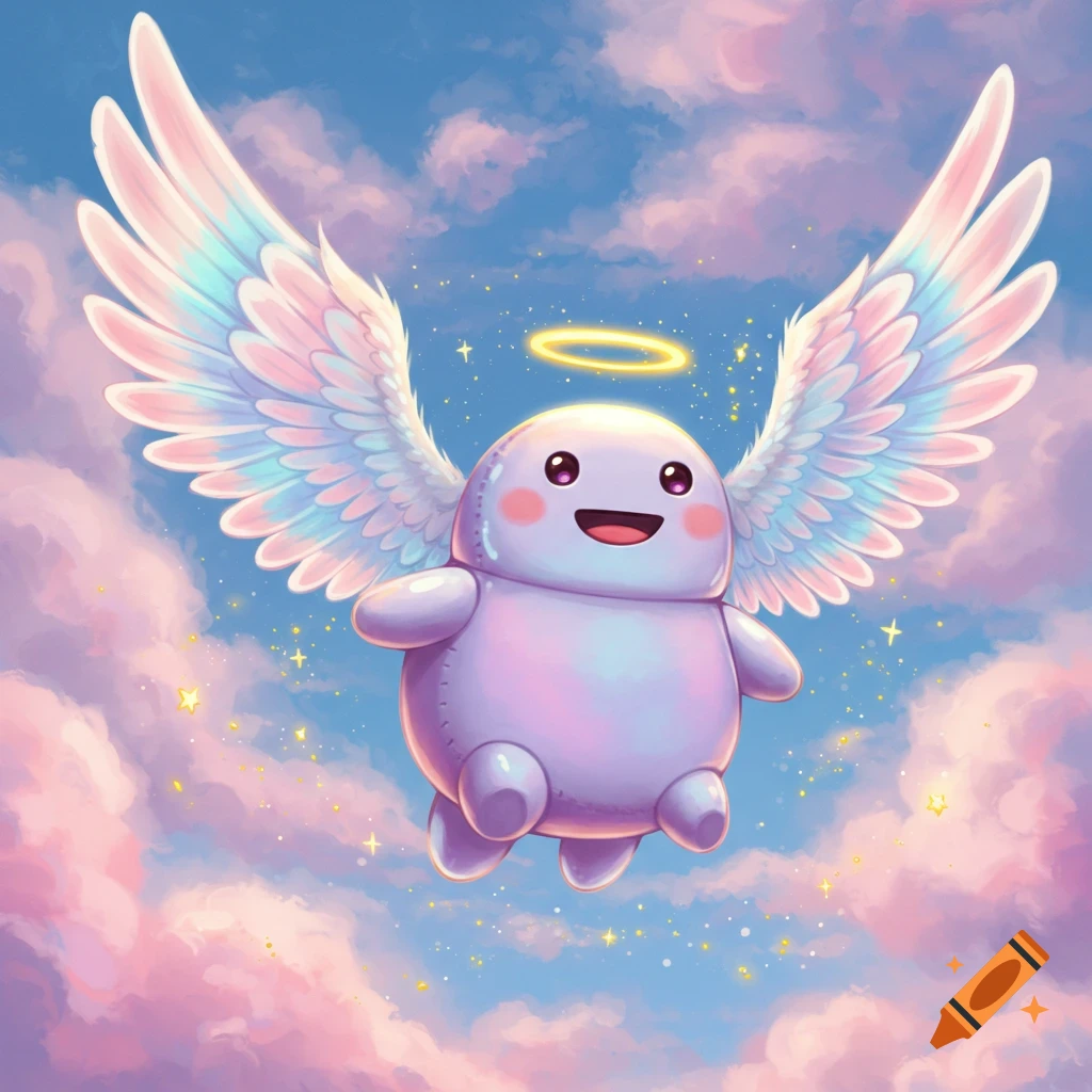 A cute, fluffy, purple creature with pink and blue iridescent angel wings and a gold halo flies in a pastel sky with pink and purple clouds.