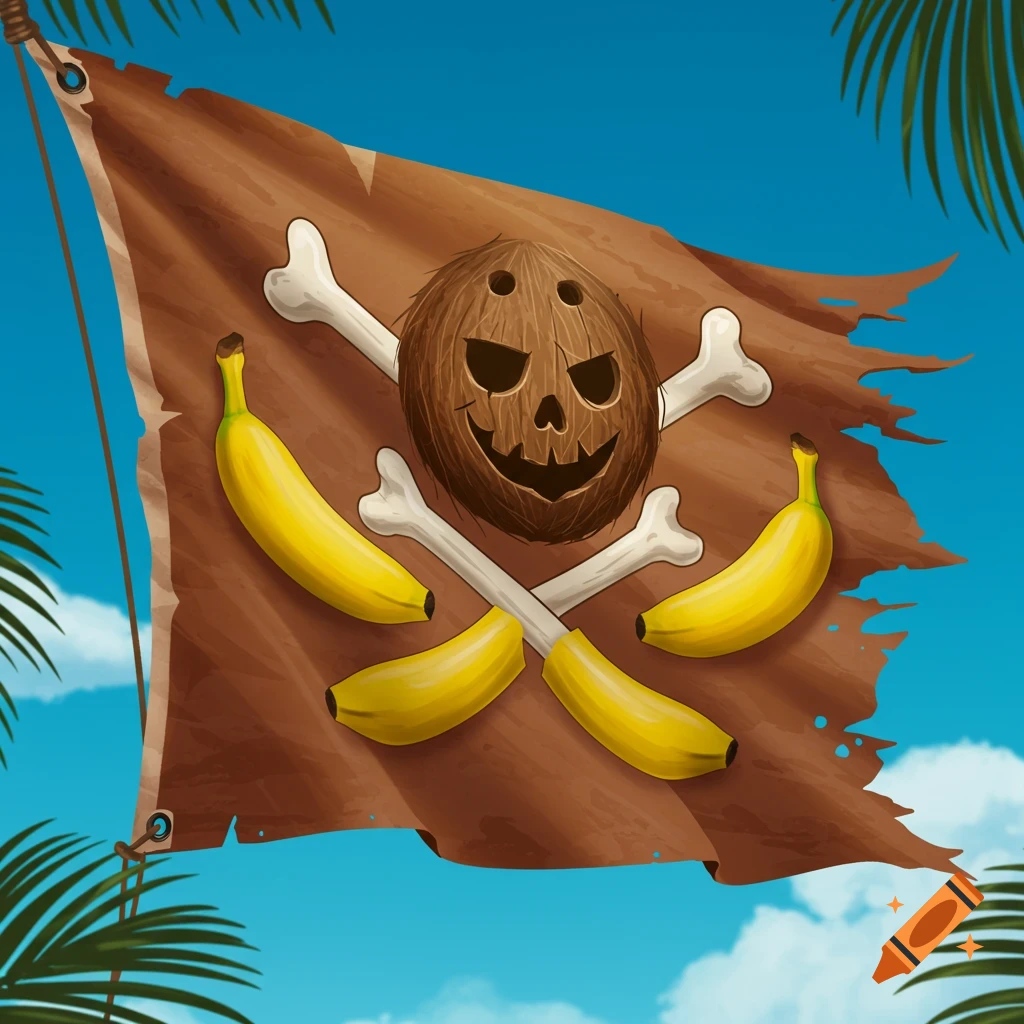 A cartoon pirate flag with a coconut skull and crossed bananas against a blue sky with palm fronds.
