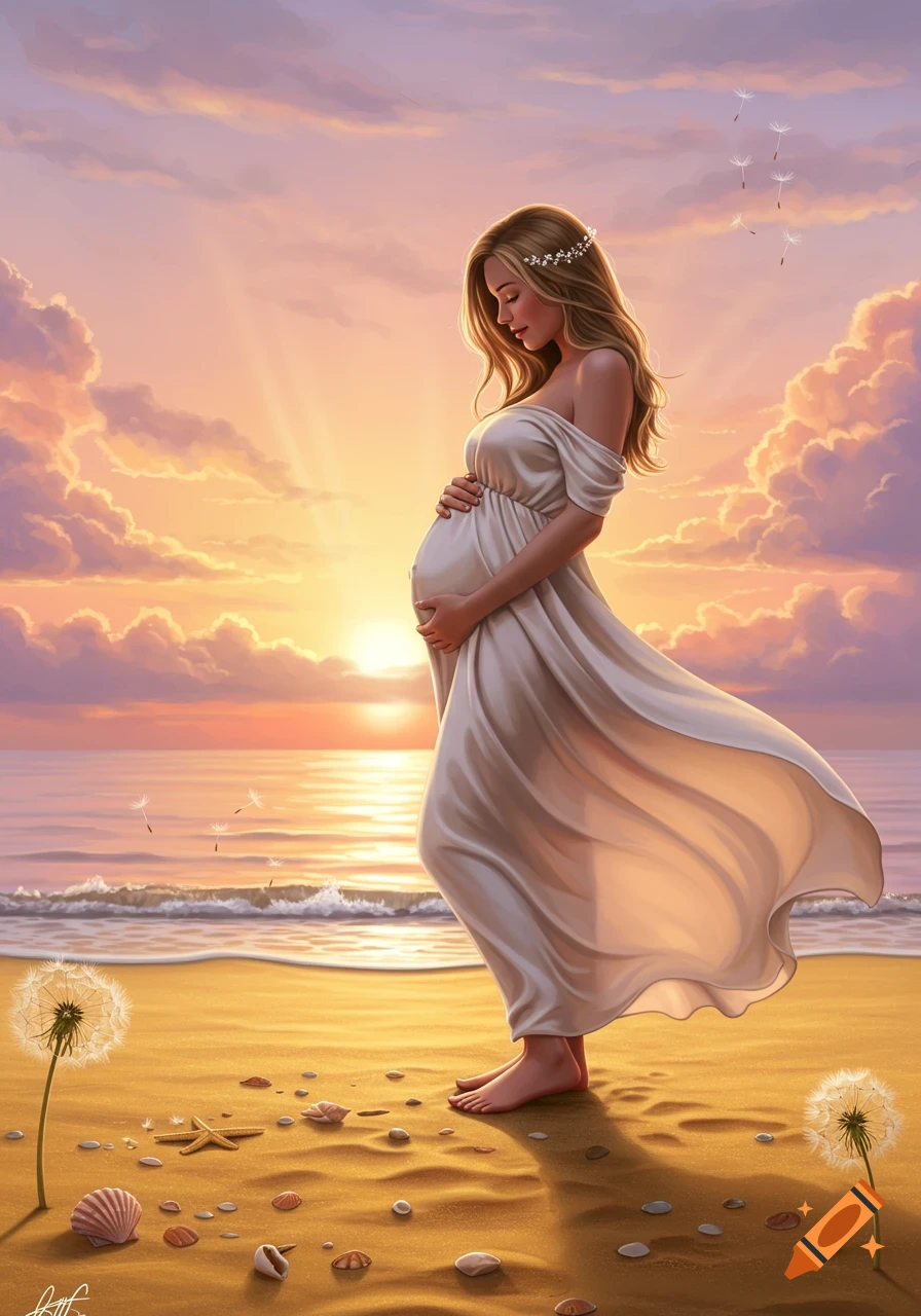 An illustrated pregnant woman in a white dress standing on a sandy beach at sunset, cradling her belly.