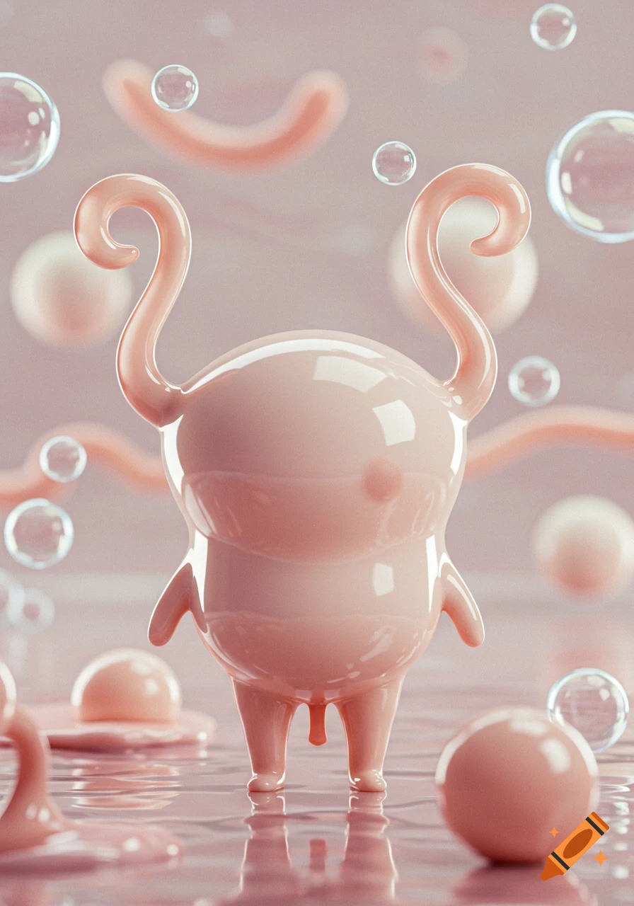 A shiny, smooth, light pink 3D rendered character resembling a bladder with two curled tubes on top, standing in a reflective pink liquid with floating bubbles and spheres.